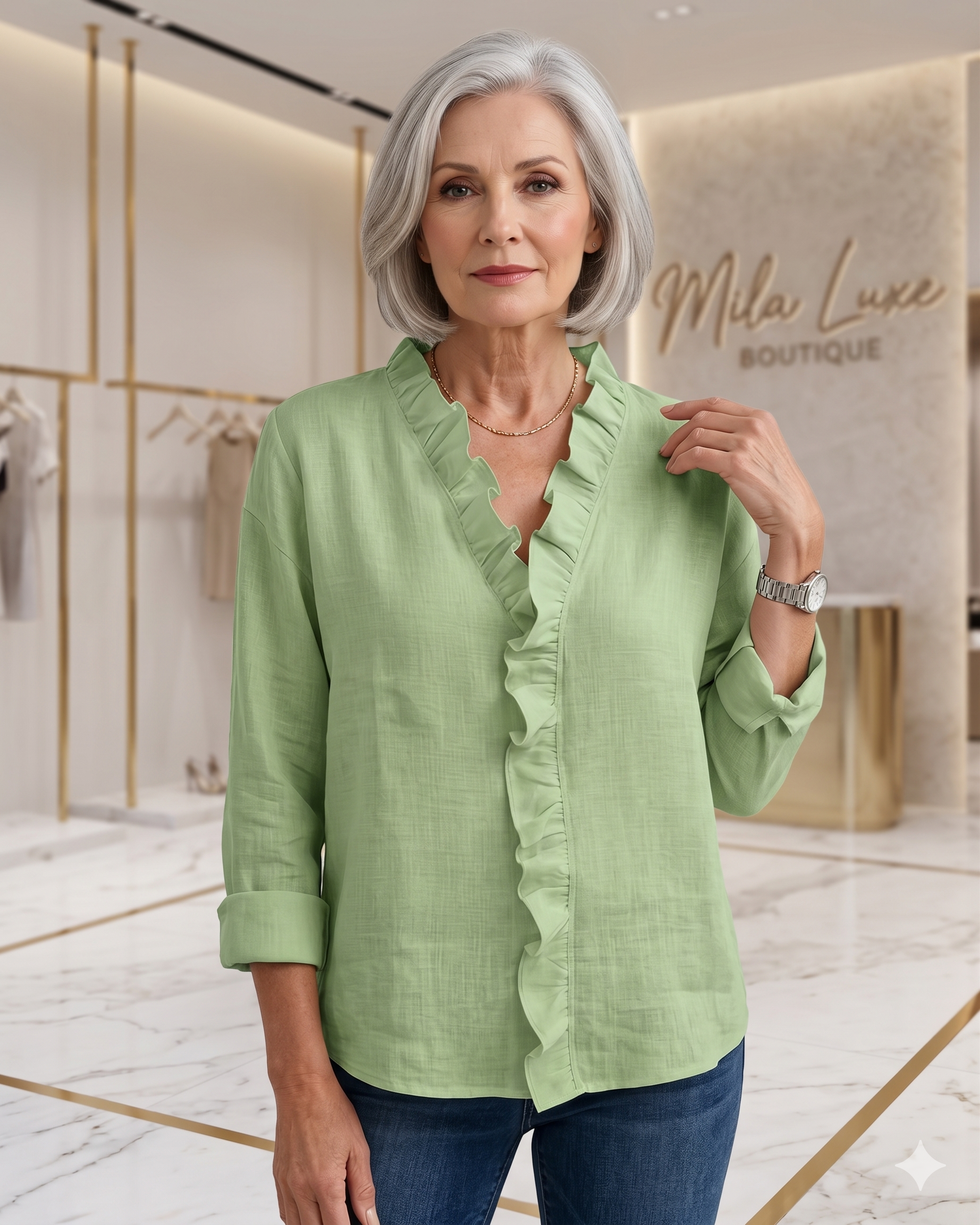 Indie | Blouse with Ruffles, V-Neck and Long Sleeves