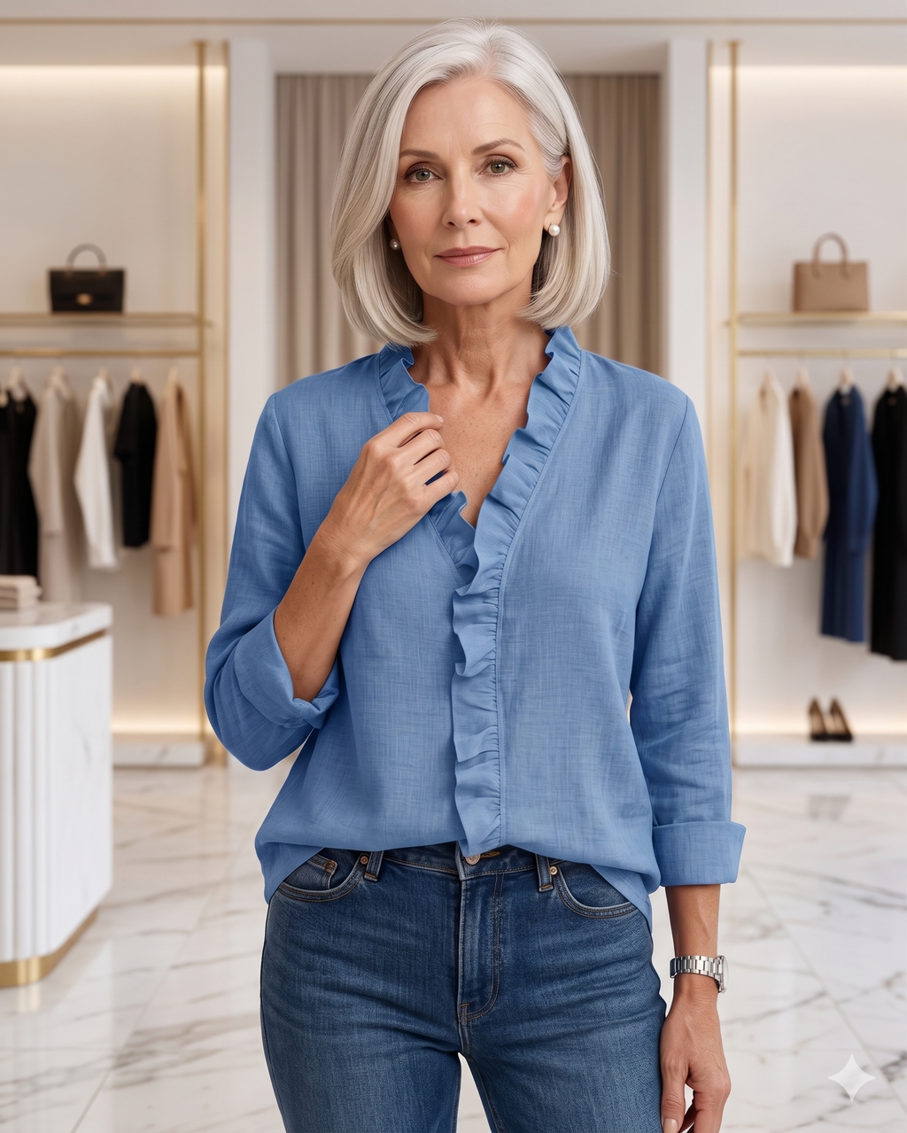 Indie | Blouse with Ruffles, V-Neck and Long Sleeves