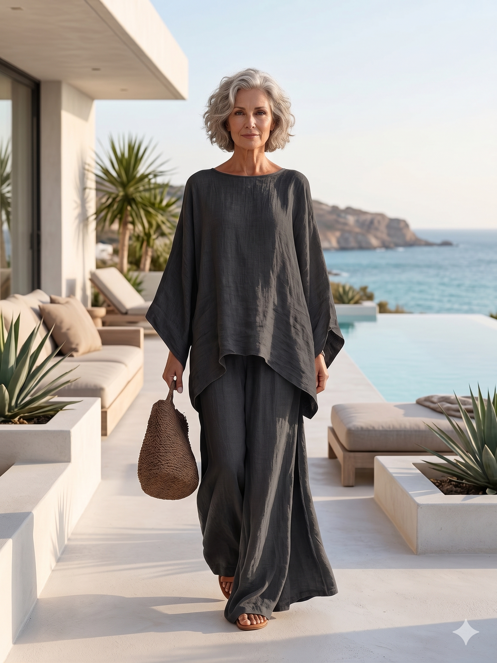 Minimalist Faux Linen Blend Flowy Top And Pants Two-piece Set