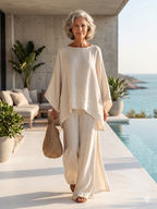 Minimalist Faux Linen Blend Flowy Top And Pants Two-piece Set