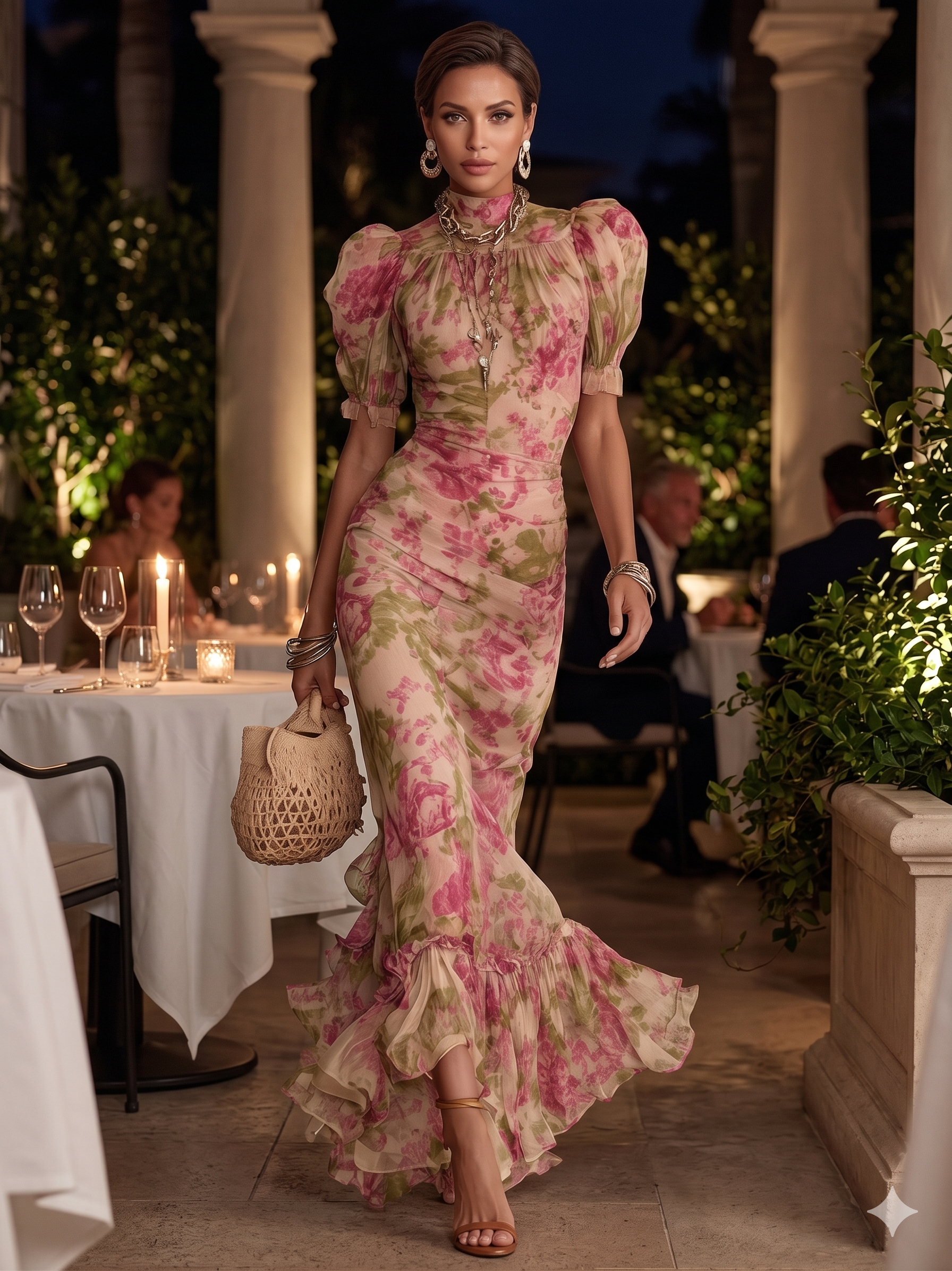 Vintage Rose Print Maxi Dress With Puff Sleeve