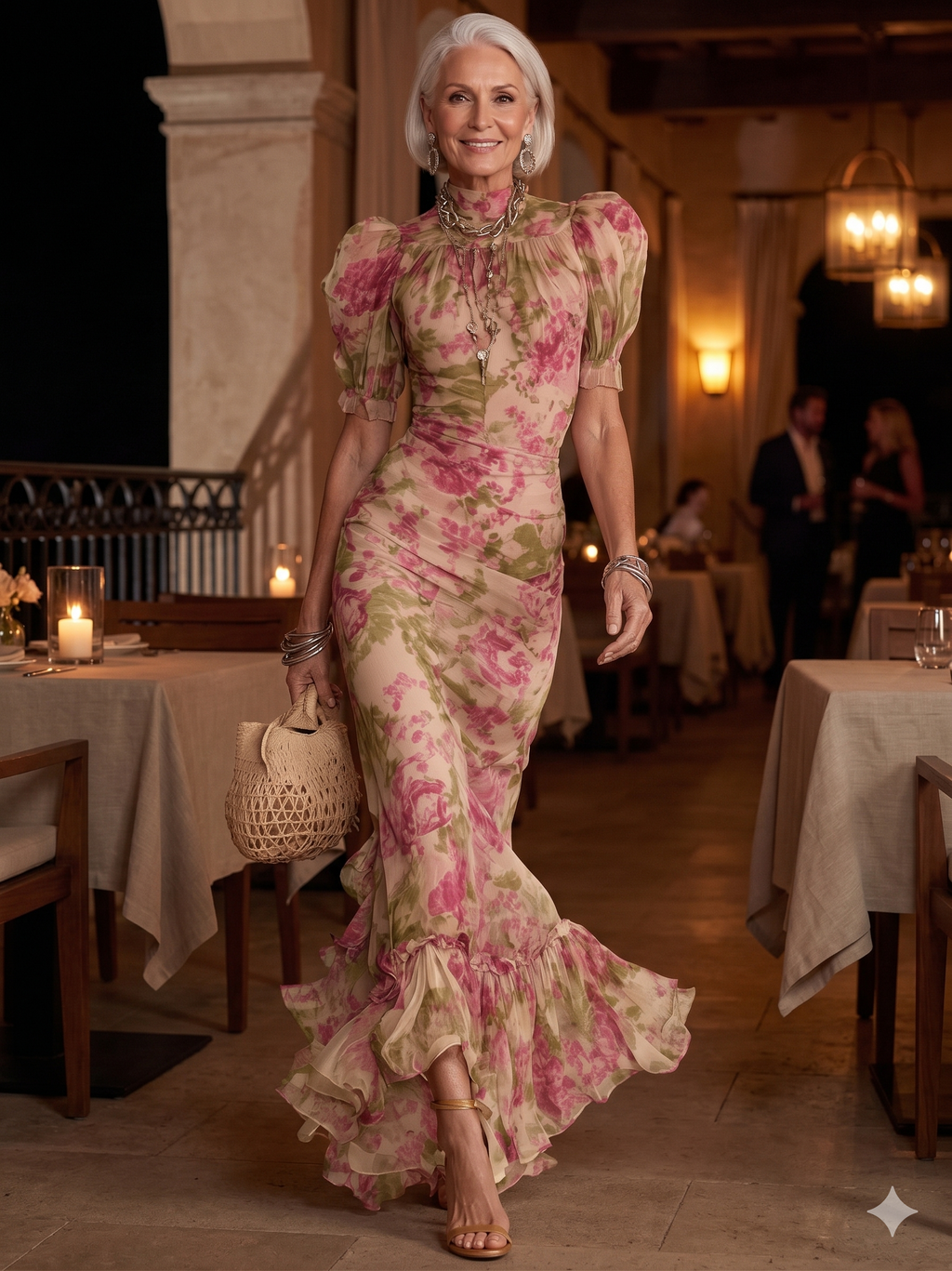 Vintage Rose Print Maxi Dress With Puff Sleeve