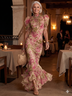 Vintage Rose Print Maxi Dress With Puff Sleeve