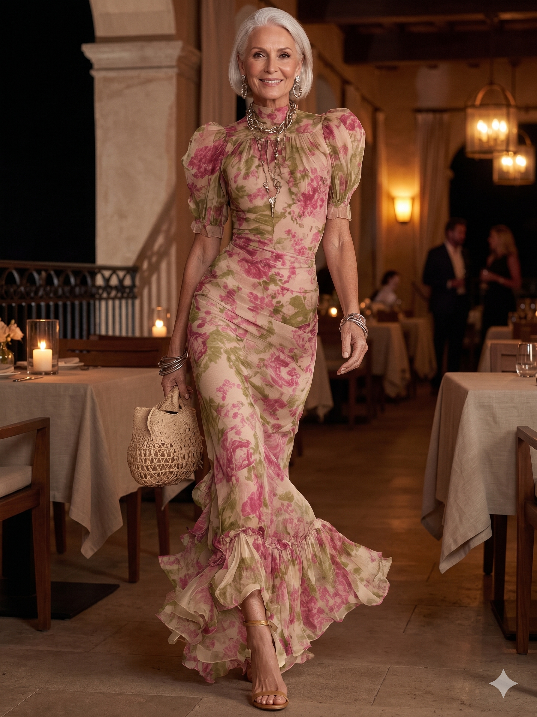 Vintage Rose Print Maxi Dress With Puff Sleeve