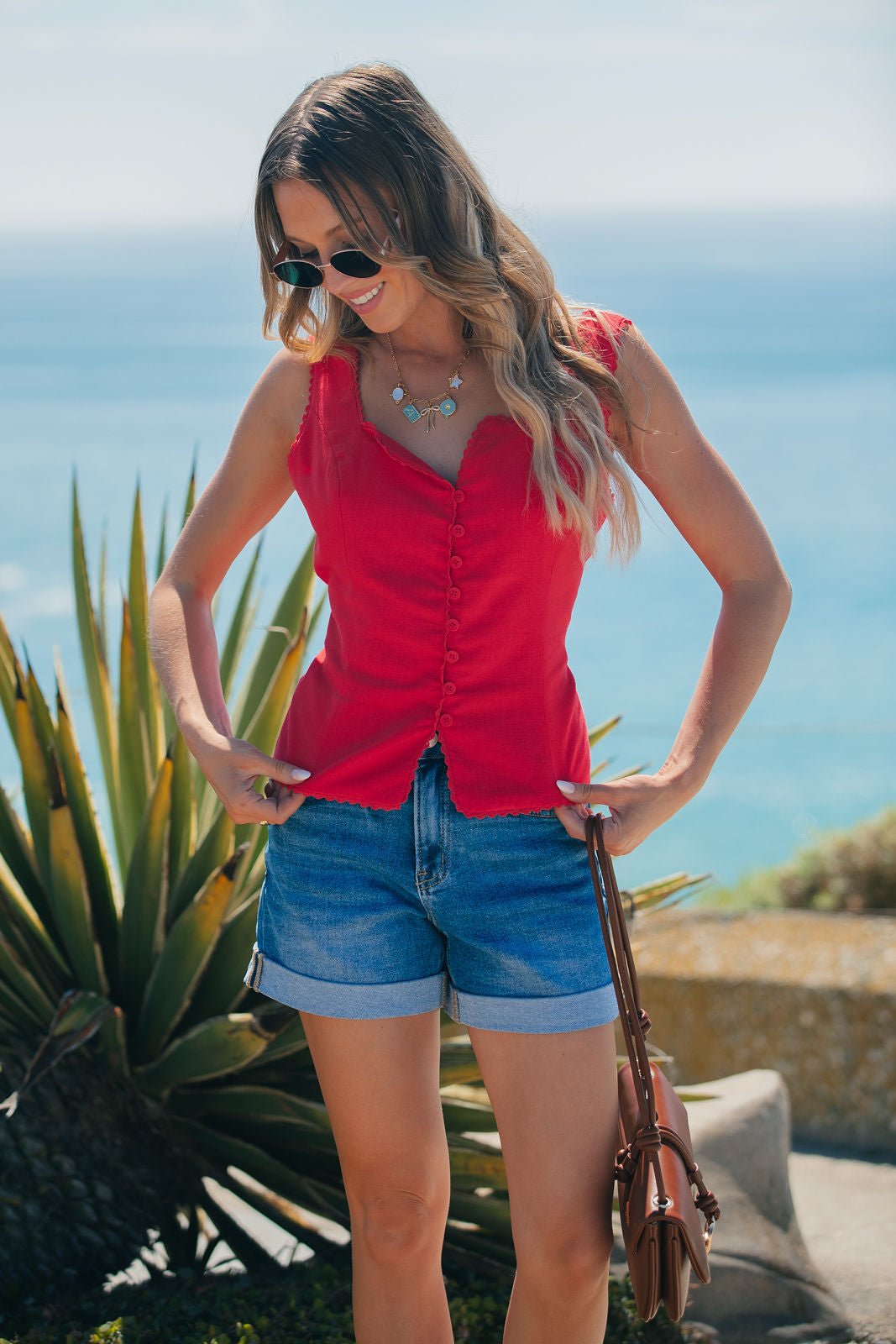 Aureum Lace Trim Linen Tank Top - Red