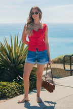 Aureum Lace Trim Linen Tank Top - Red