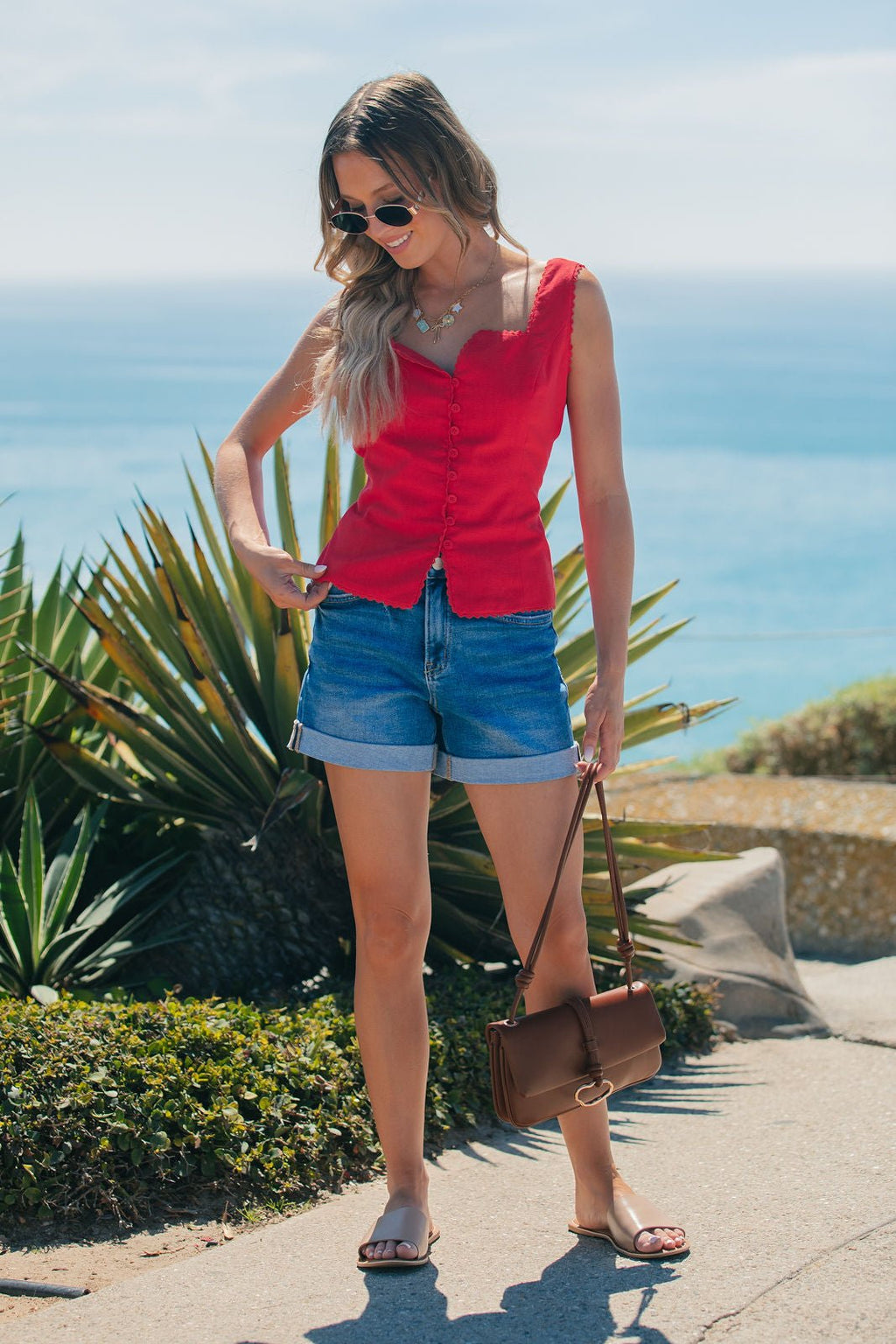 Aureum Lace Trim Linen Tank Top - Red