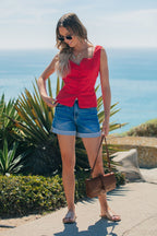Aureum Lace Trim Linen Tank Top - Red