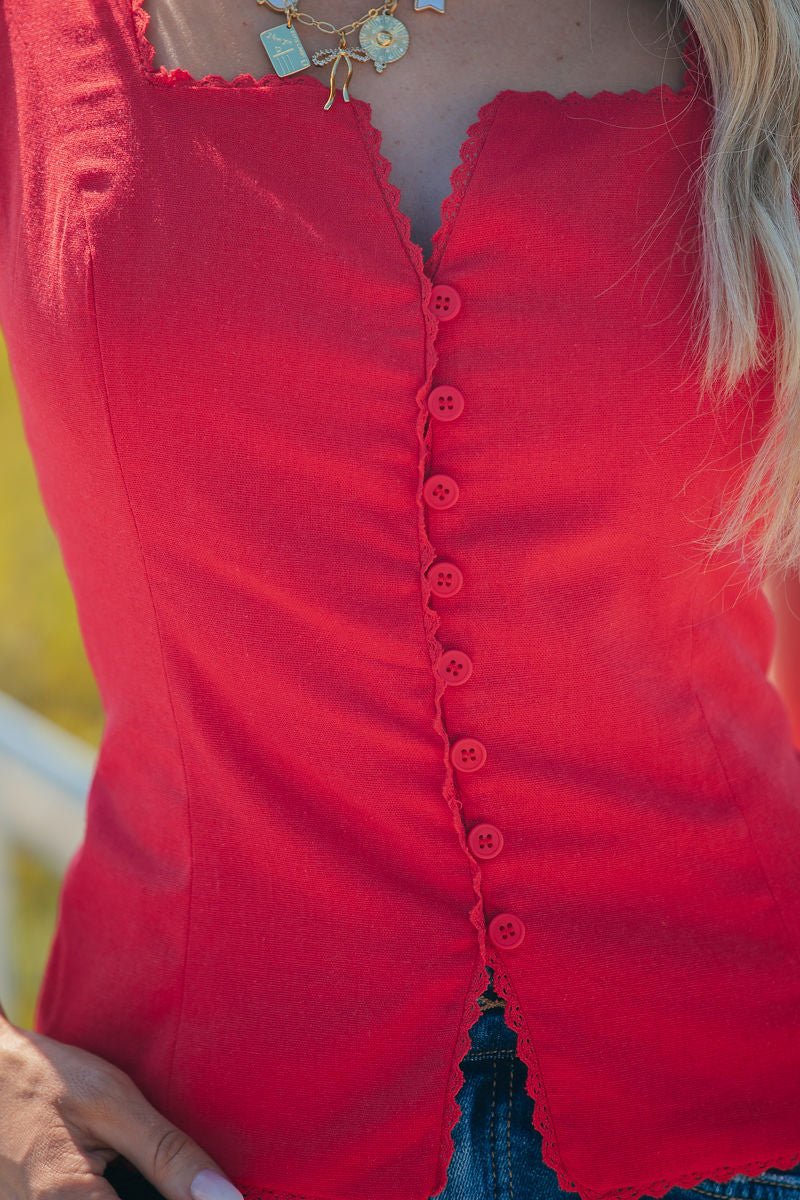 Aureum Lace Trim Linen Tank Top - Red