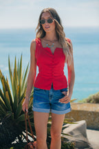 Aureum Lace Trim Linen Tank Top - Red