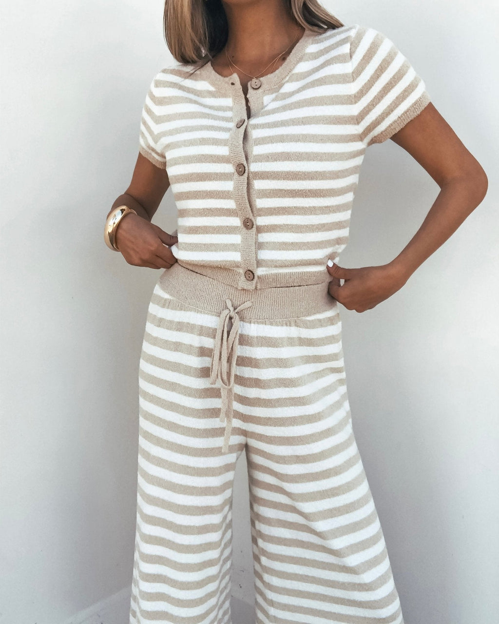 Beige and Ivory Striped Button Down Lounge Top