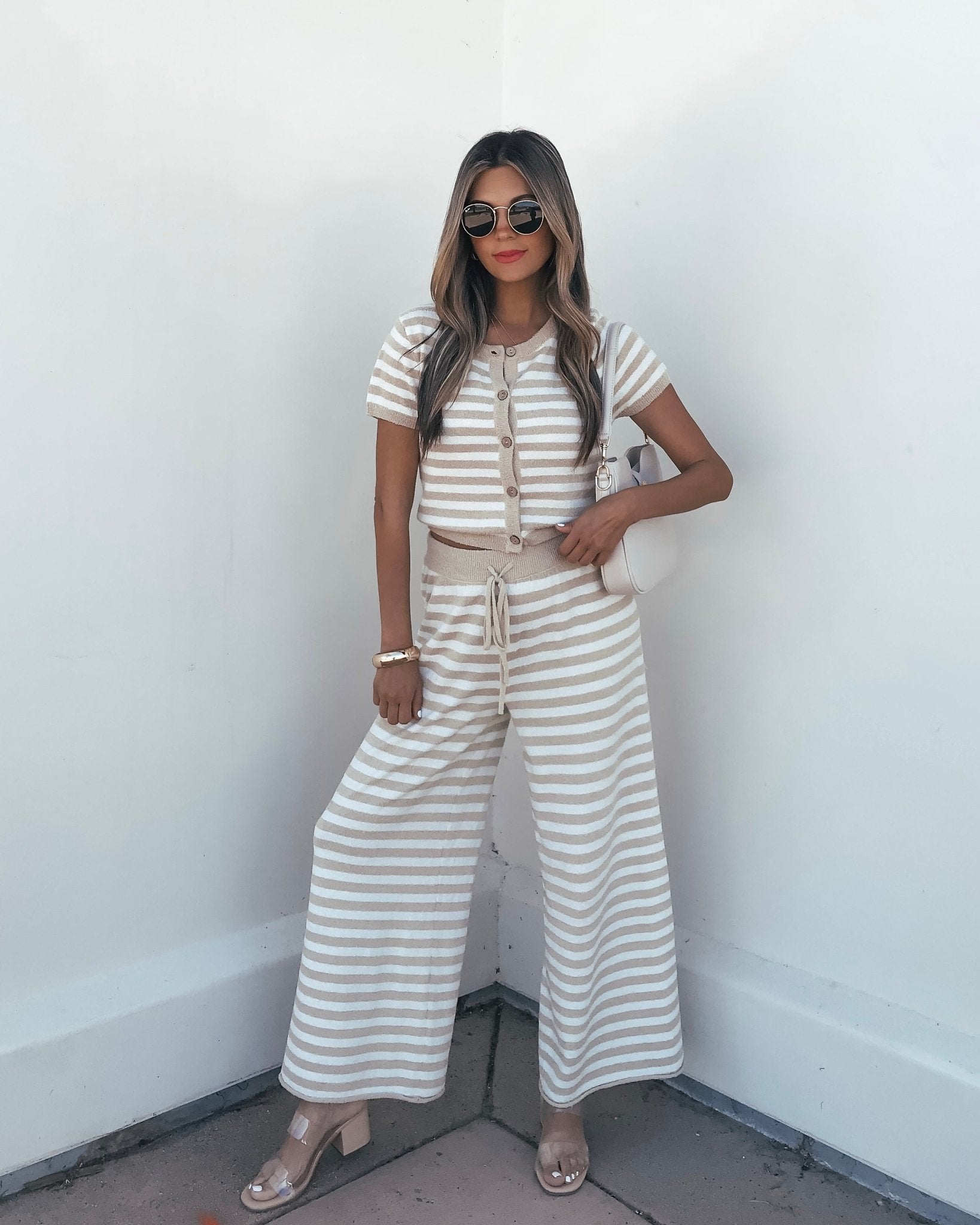 Beige and Ivory Striped Button Down Lounge Top