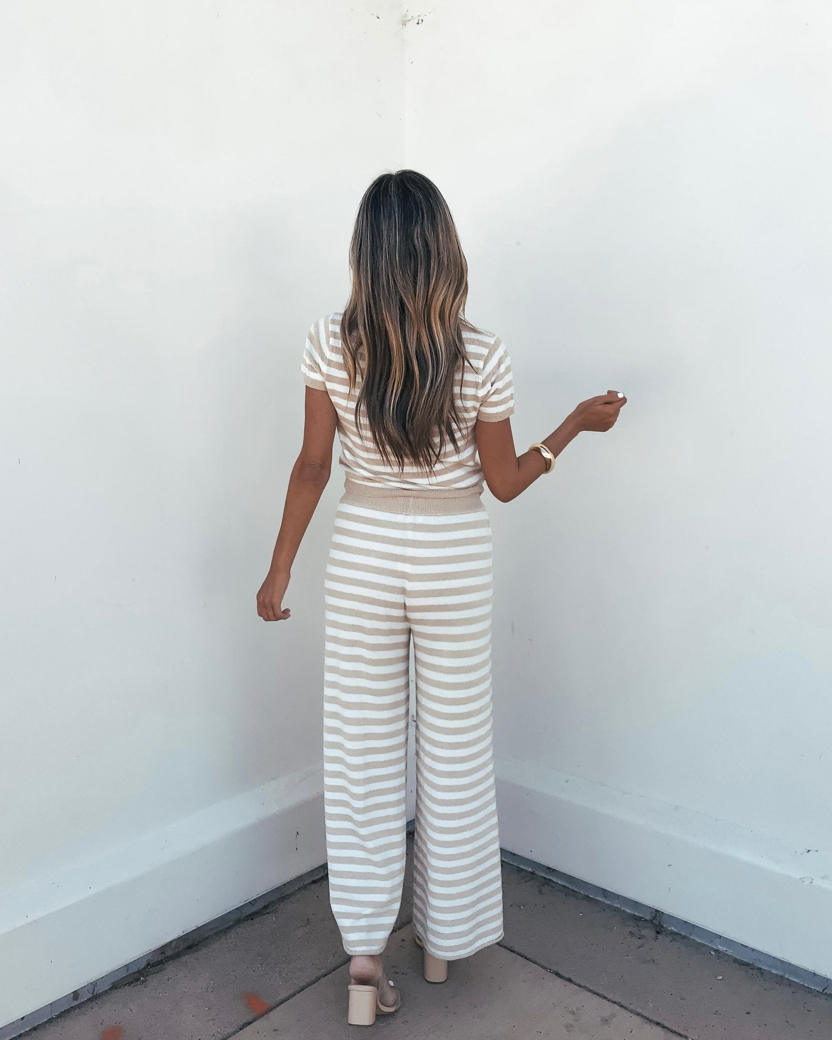 Beige and Ivory Striped Button Down Lounge Top