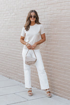Beige Short Sleeve Crew Neck Sweater