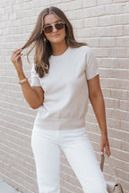 Beige Short Sleeve Crew Neck Sweater
