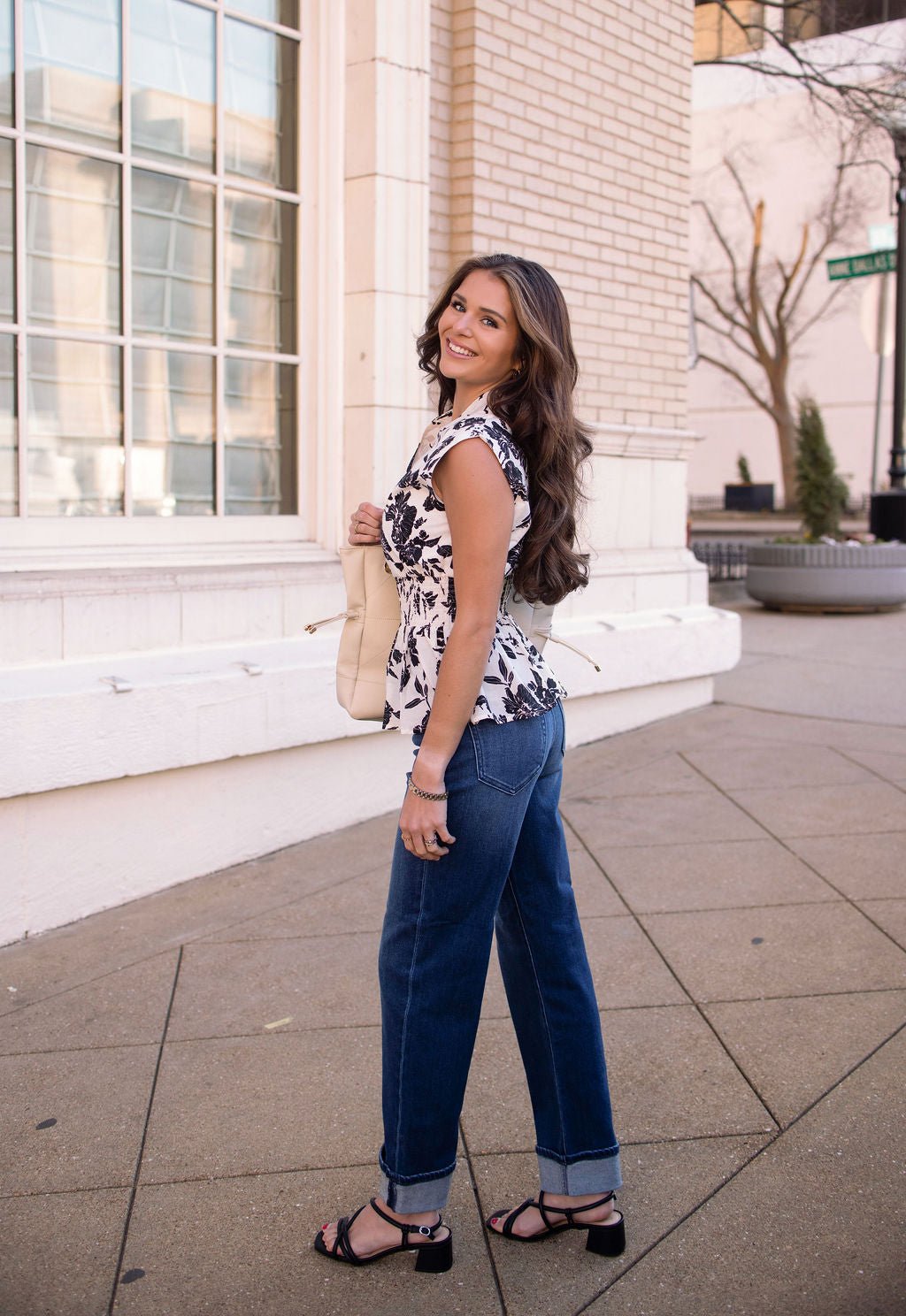 Black and Ivory Floral Print Zip Top