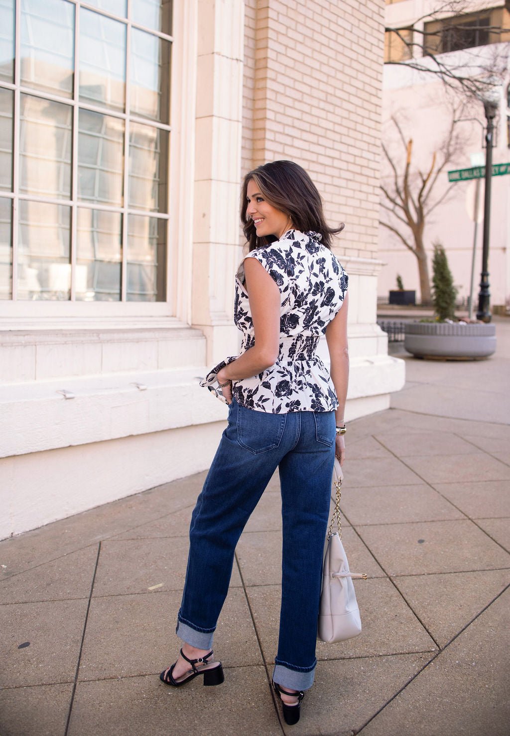 Black and Ivory Floral Print Zip Top