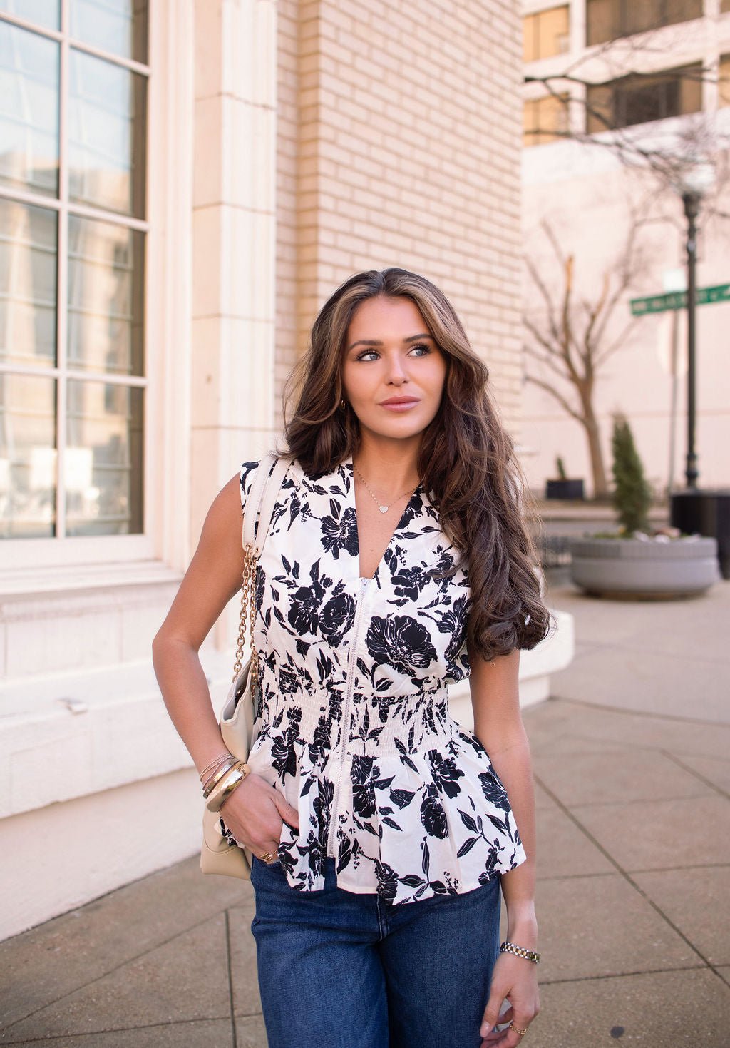 Black and Ivory Floral Print Zip Top
