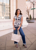 Black and Ivory Floral Print Zip Top