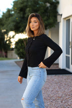Black Button Down Ribbed Top - FINAL SALE
