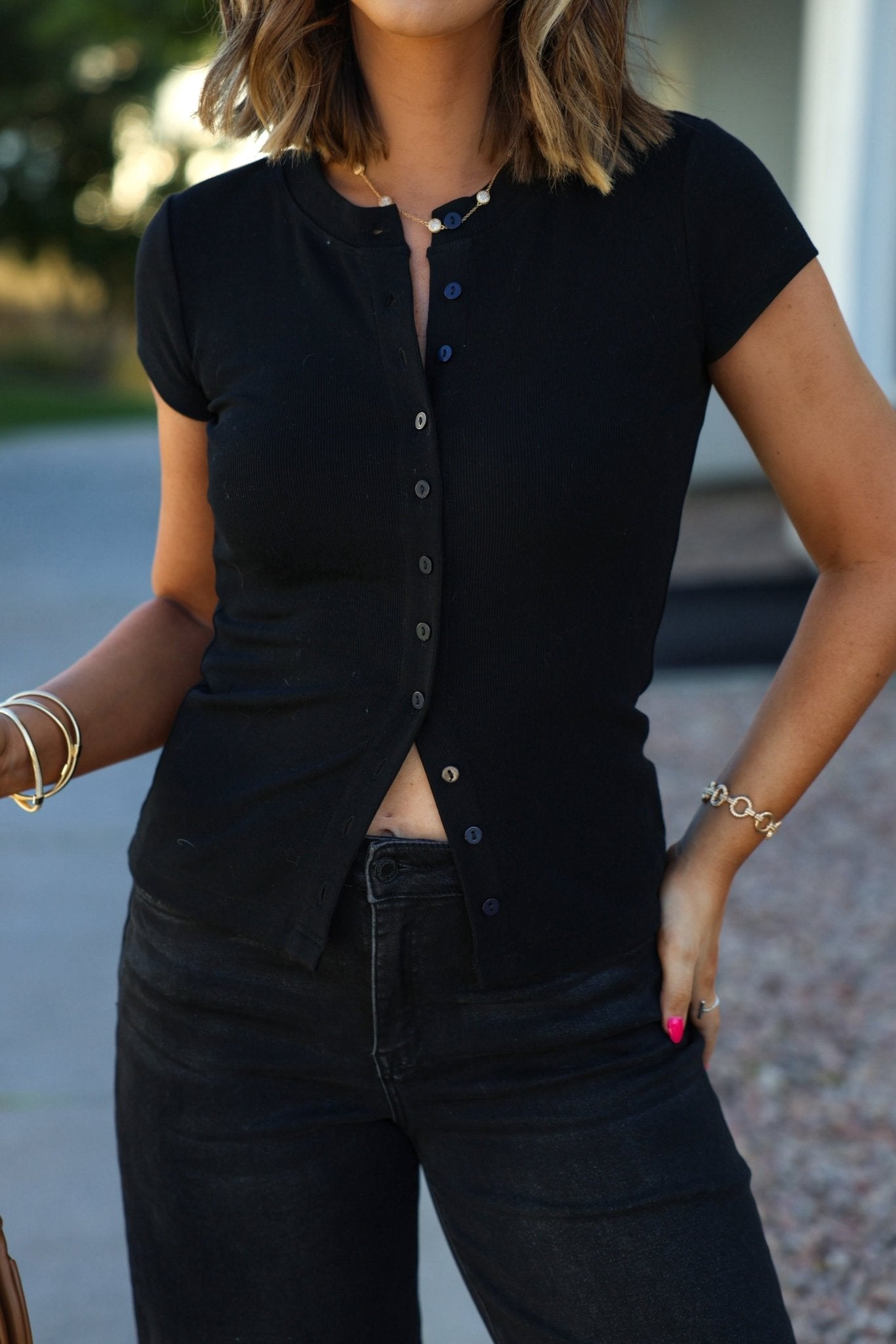 Black Button Front Ribbed Top