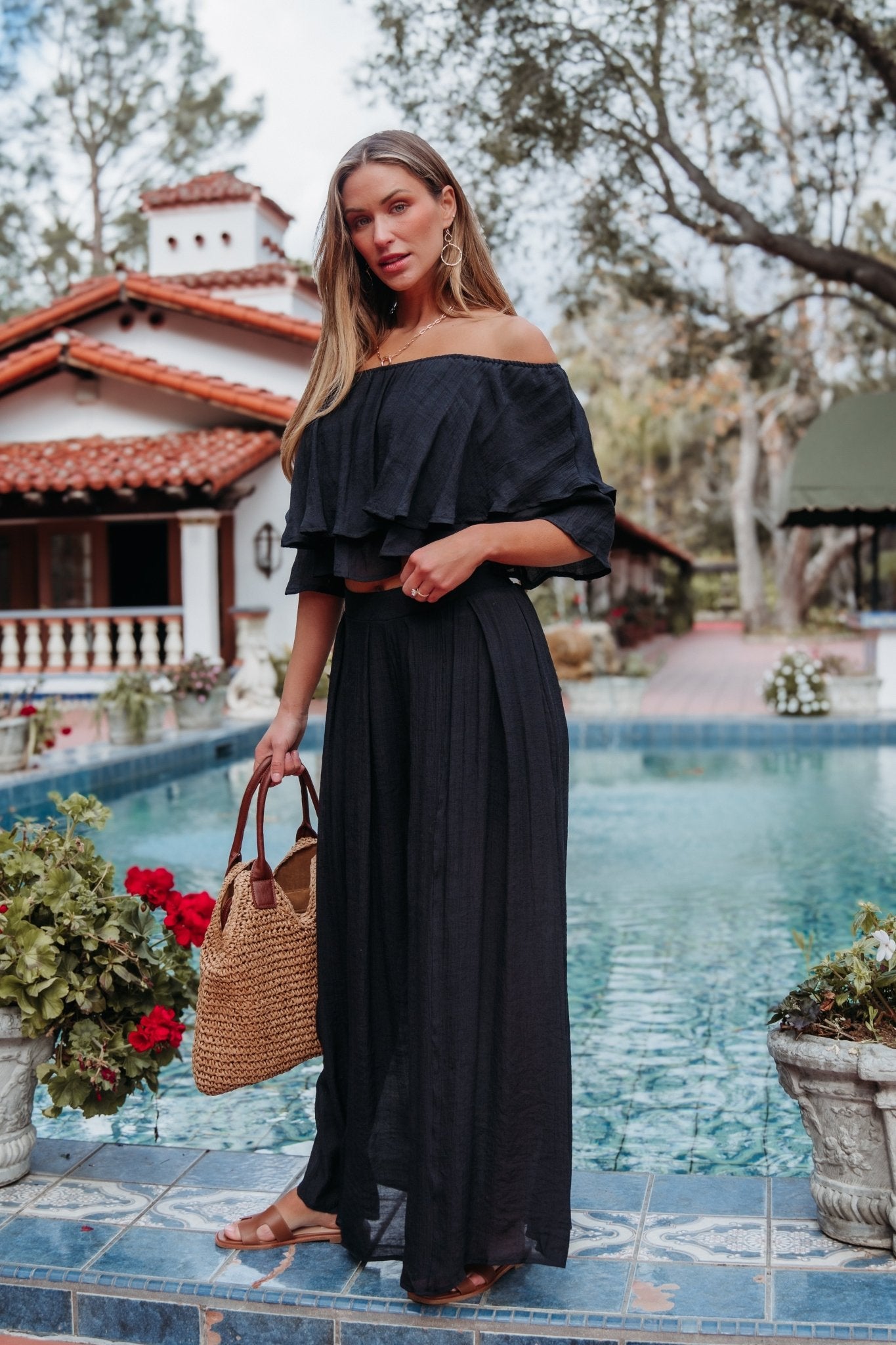 Black Off The Shoulder Top And Pants Set
