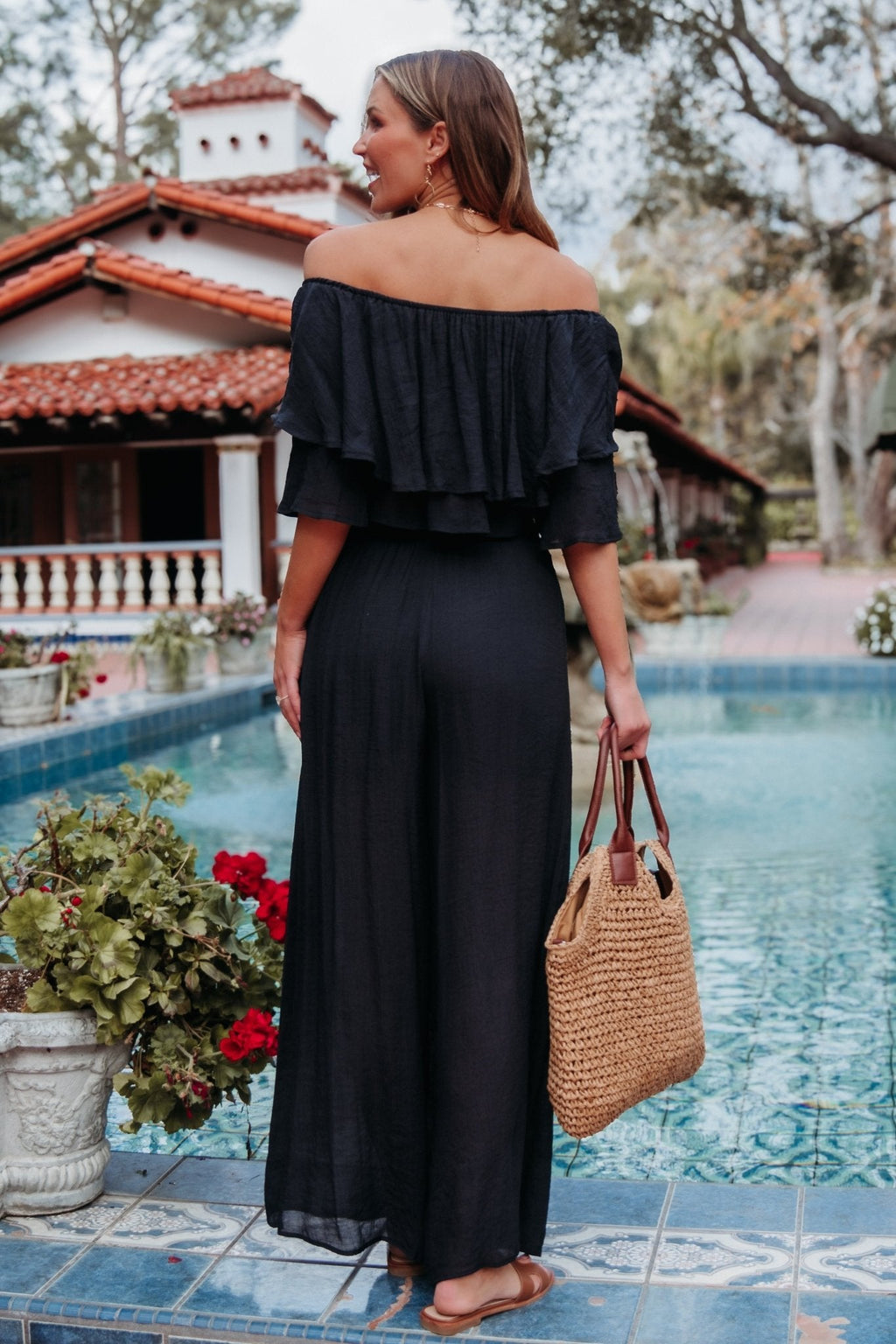 Black Off The Shoulder Top And Pants Set