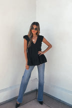 Black Ruffle Sleeve Textured Top