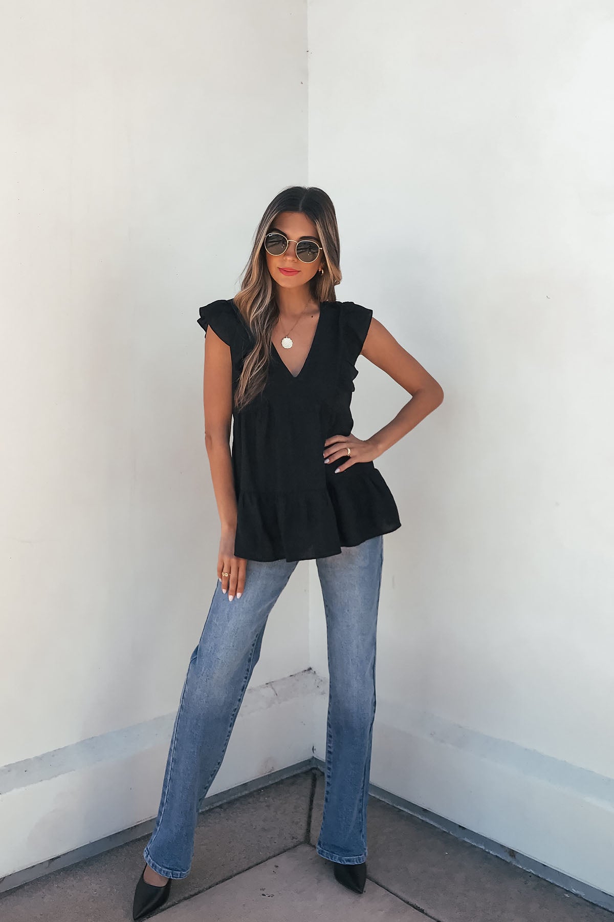 Black Ruffle Sleeve Textured Top