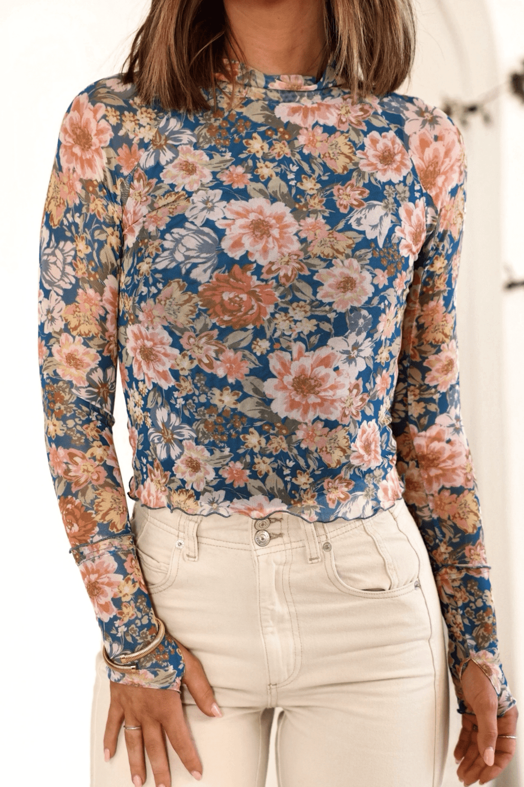 Blue Floral Mesh Top