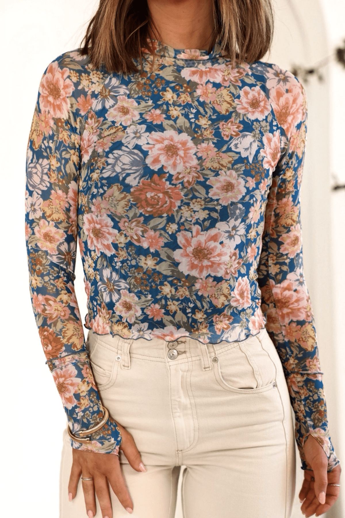 Blue Floral Mesh Top