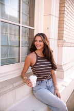 Brown Striped High Neck Padded Tank Top