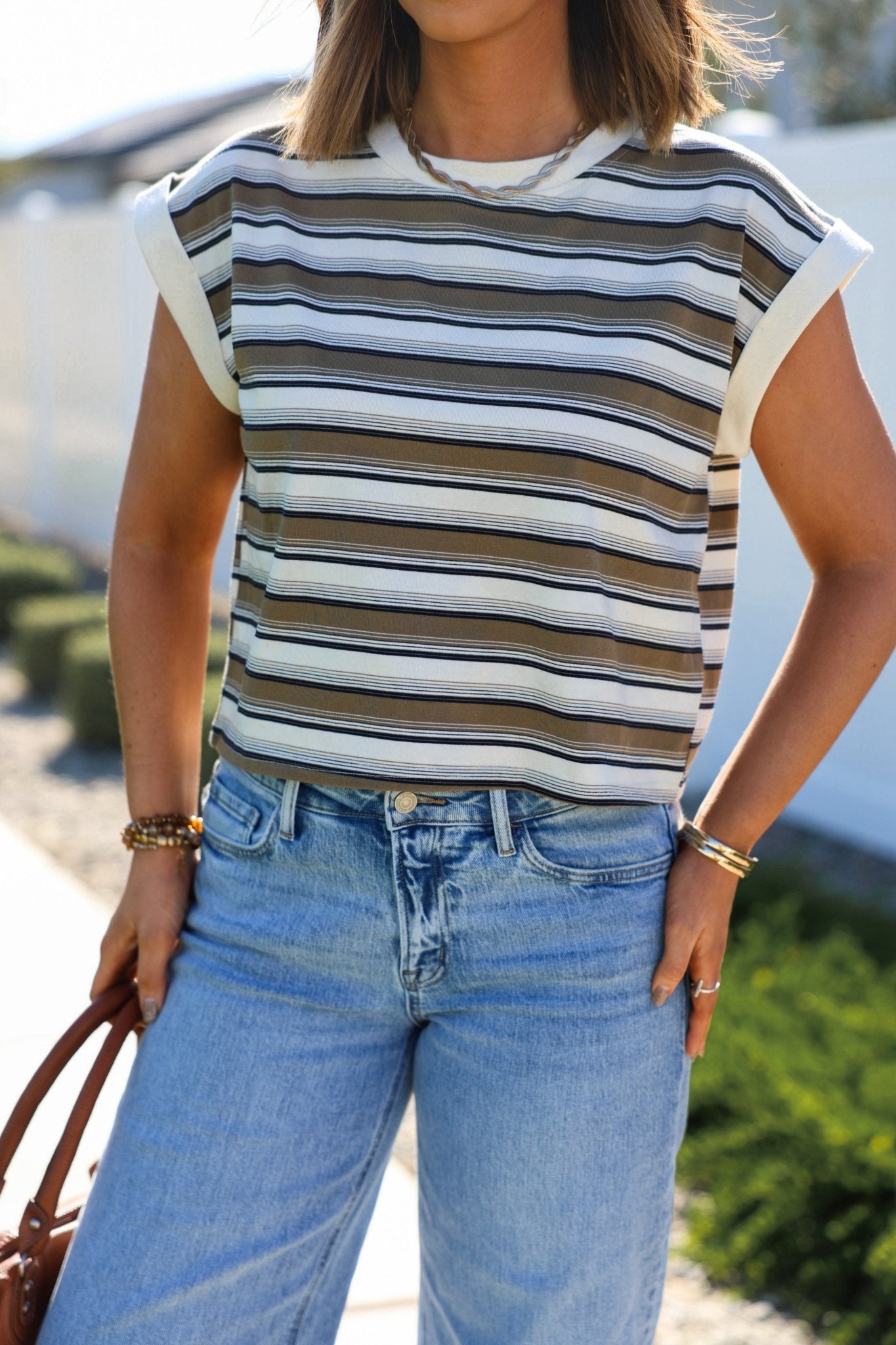Cream Multi Striped Cap Sleeve Top
