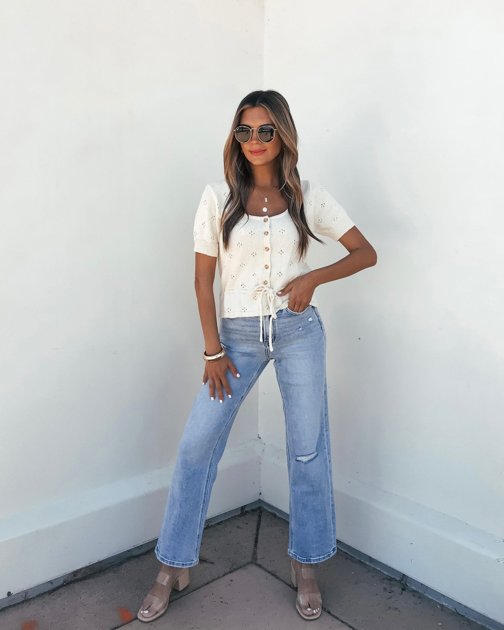 Cream Tie Button Up Sweater