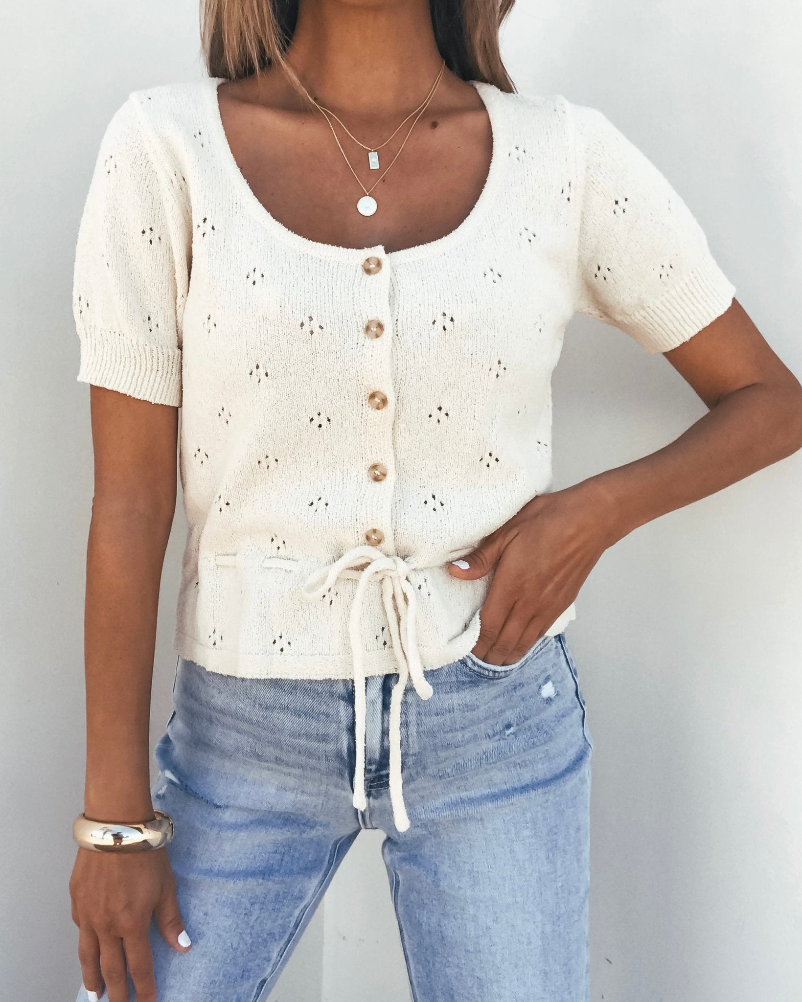 Cream Tie Button Up Sweater