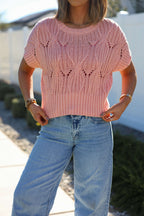 Crochet Detail Short Sleeve Sweater - Blush