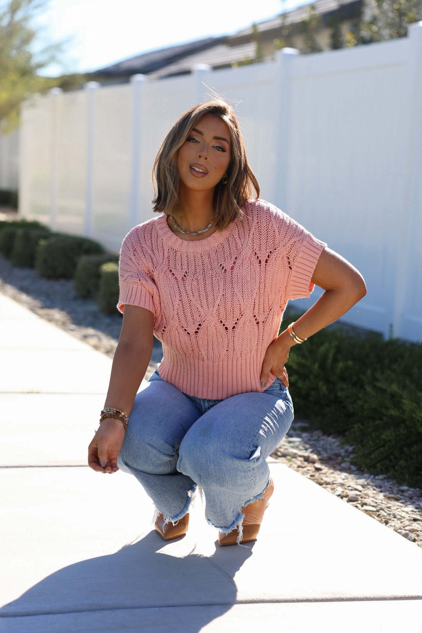 Crochet Detail Short Sleeve Sweater - Blush