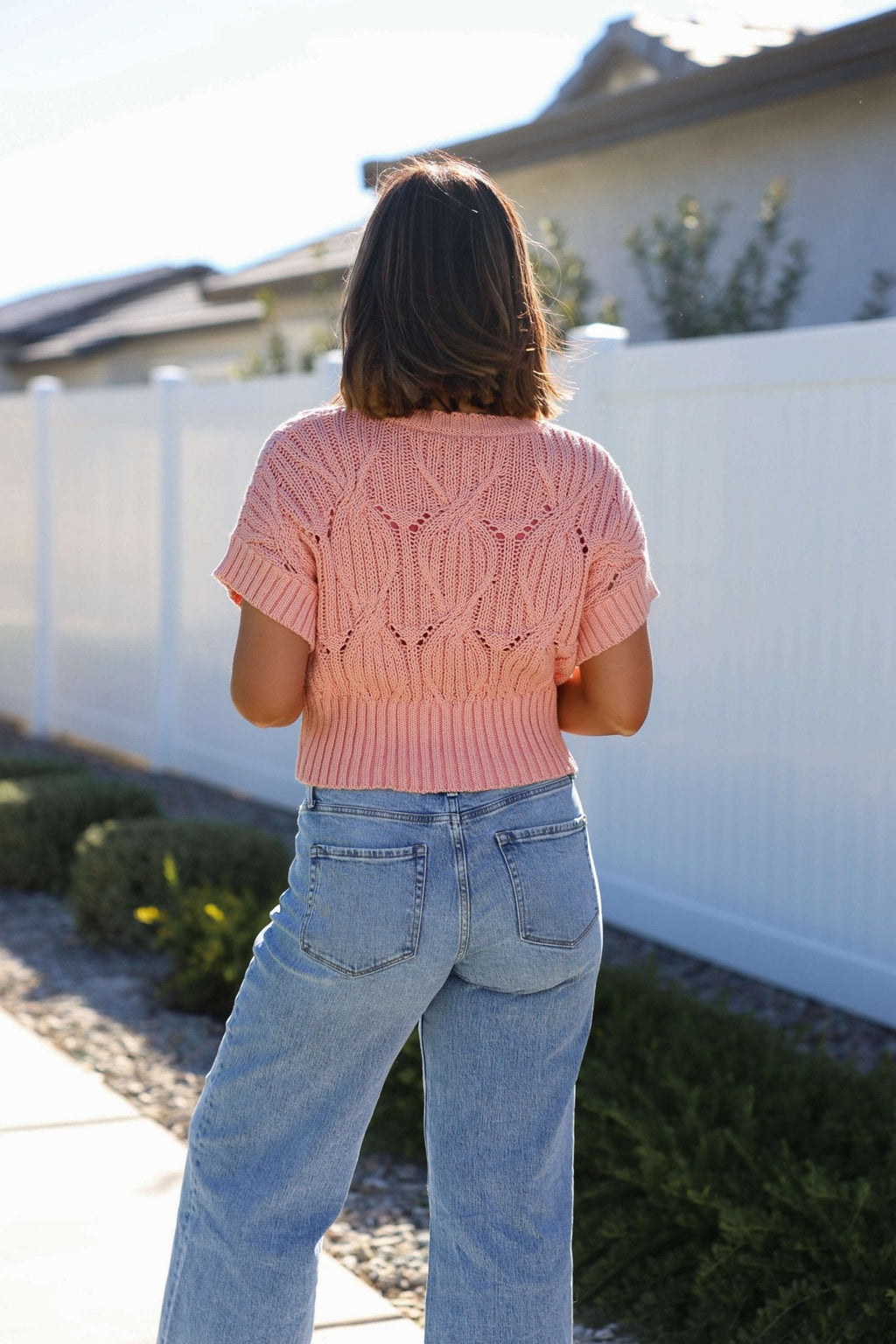 Crochet Detail Short Sleeve Sweater - Blush