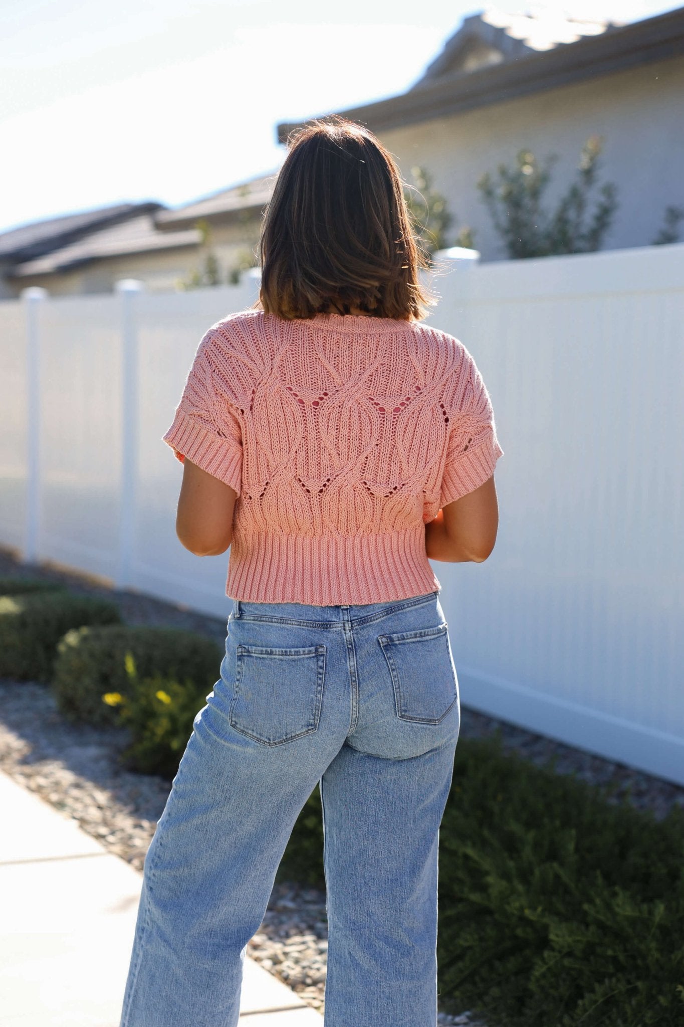 Crochet Detail Short Sleeve Sweater - Blush