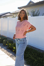 Crochet Detail Short Sleeve Sweater - Blush