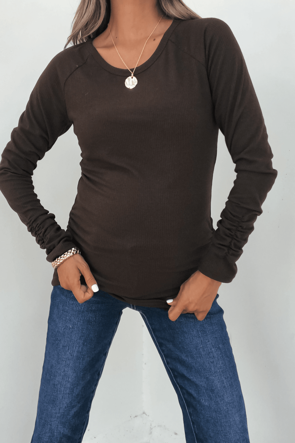 Dark Brown Ruched Sleeve Ribbed Top - FINAL SALE