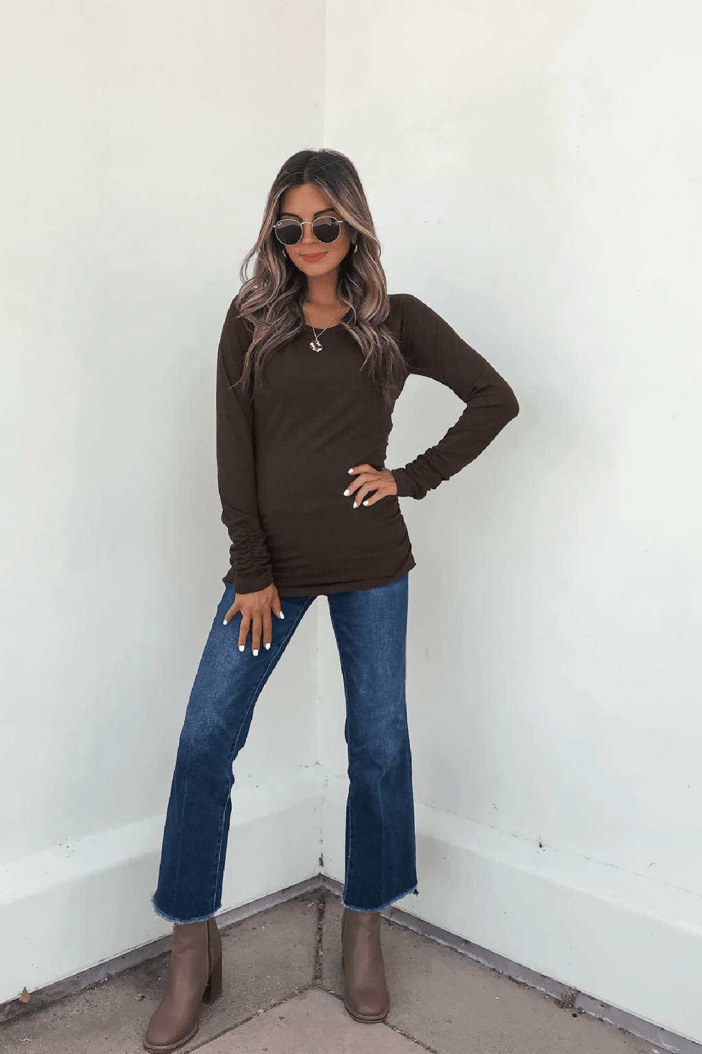 Dark Brown Ruched Sleeve Ribbed Top - FINAL SALE