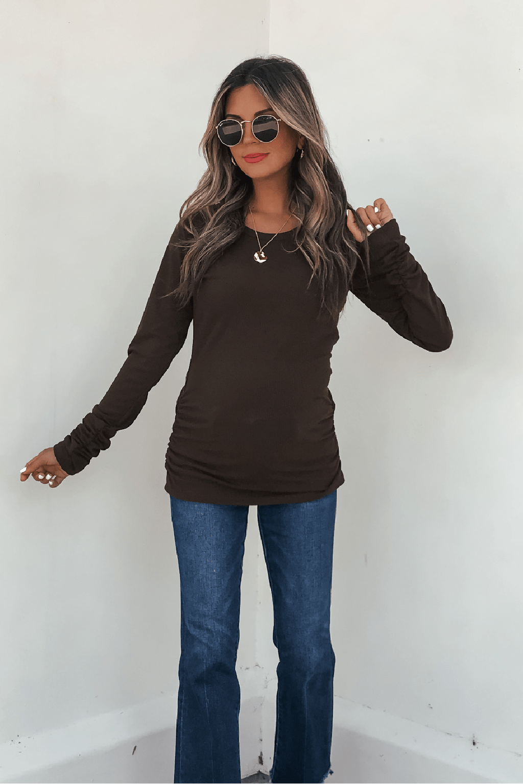 Dark Brown Ruched Sleeve Ribbed Top - FINAL SALE