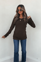 Dark Brown Ruched Sleeve Ribbed Top - FINAL SALE