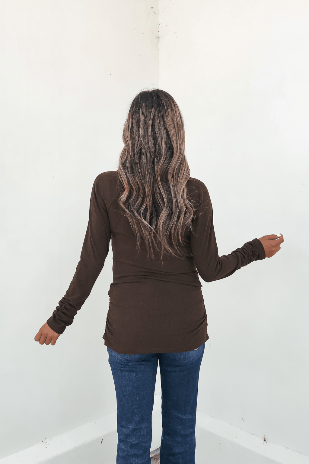 Dark Brown Ruched Sleeve Ribbed Top - FINAL SALE