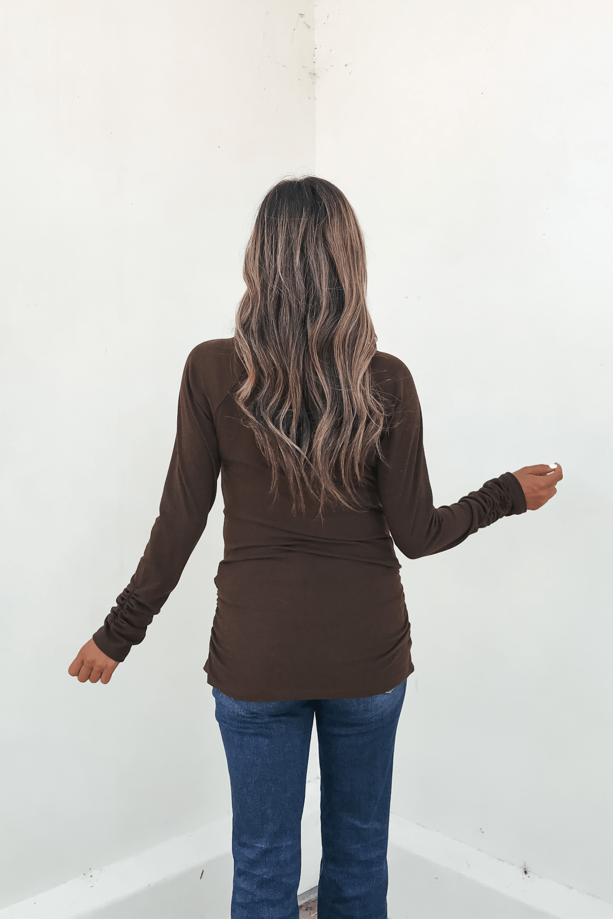 Dark Brown Ruched Sleeve Ribbed Top - FINAL SALE