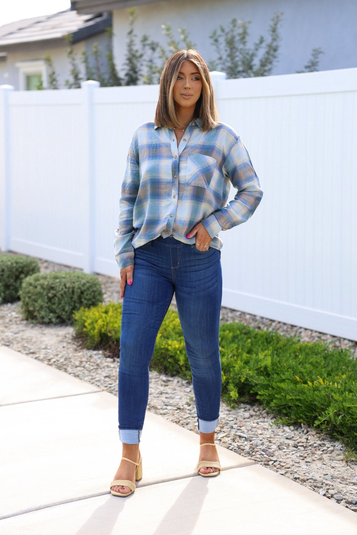 Dark Wash Pull On Cuffed Skinny Jeans