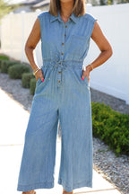 Denim Button Up Wide Leg Jumpsuit