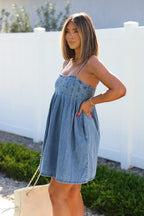 Denim Pleated Babydoll Mini Dress