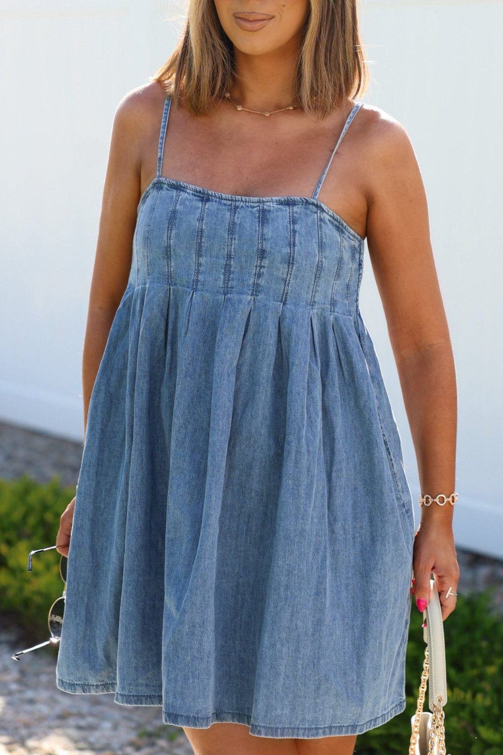 Denim Pleated Babydoll Mini Dress